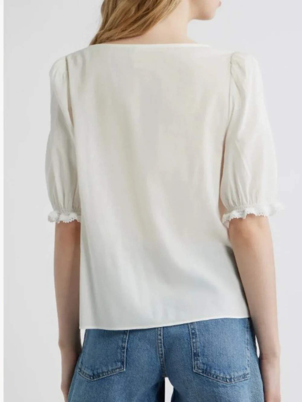 Reformation Wildflower Lace Trim Puff Sleeve Organic Cotton Blend Top Size 12